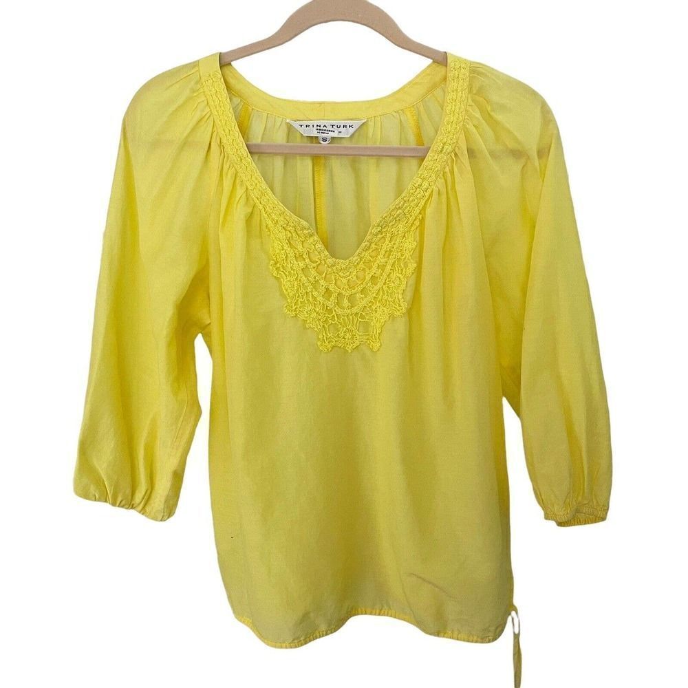 TRINA Turk Yellow Crochet Top Blouse S Cotton Silk Lightweight Drawstring Waist